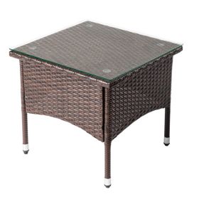 20" Patio Side Table, Outdoor Patio Wicker Square End Table, All-Weather Rattan Coffee Table w/Glass Tabletop for Backyard Deck Porch Poolside, Brown