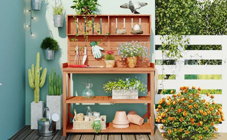 TOPMAX 65" Large Wooden Farmhouse Rustic Outdoor Potting Bench Table, Patio Workstation, Garden Potting Bench with 4 Storage Shelves and Side Hook