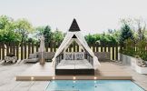 Outdoor Daybed Patio Lounge Bed with Adjustable Backrest Outdoor Double Sun Lounger with Curtains, 4 Pillows for Garden Patio Poolside Balcony Beach