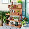 TOPMAX 65" Large Wooden Farmhouse Rustic Outdoor Potting Bench Table, Patio Workstation, Garden Potting Bench with 4 Storage Shelves and Side Hook