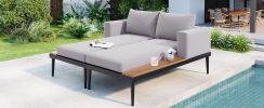 TOPMAX Modern Outdoor Daybed Patio Metal Daybed with Wood Topped Side Spaces for Drinks, 2 in 1 Padded Chaise Lounges for Poolside, Balcony, Deck