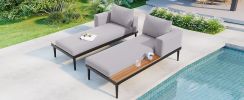 TOPMAX Modern Outdoor Daybed Patio Metal Daybed with Wood Topped Side Spaces for Drinks, 2 in 1 Padded Chaise Lounges for Poolside, Balcony, Deck